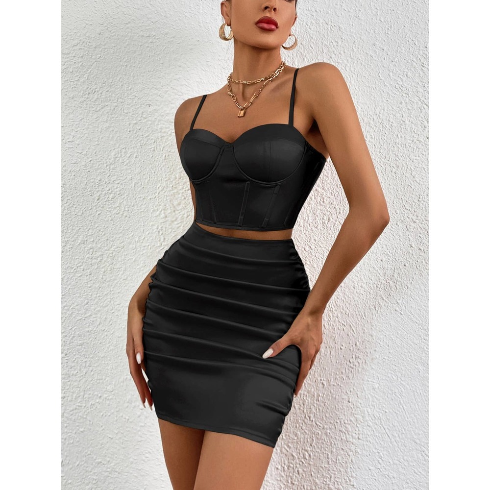 2 piece skirt set: Zipper Back bustier Cami Crop Top & Ruched mini Skirt black